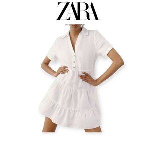 Zara White Linen Tiered Mini Dress Size S Short Sleeve Button Front Summer
